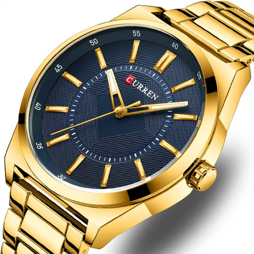 Relógio De Negócios Clássico De Quartzo Masculino Curren Cor Do Bisel Dourado/azul