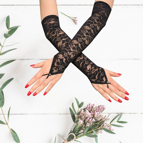 A 2x Guantes Sin Dedos Con Encaje De Codo Largo Para Mujer