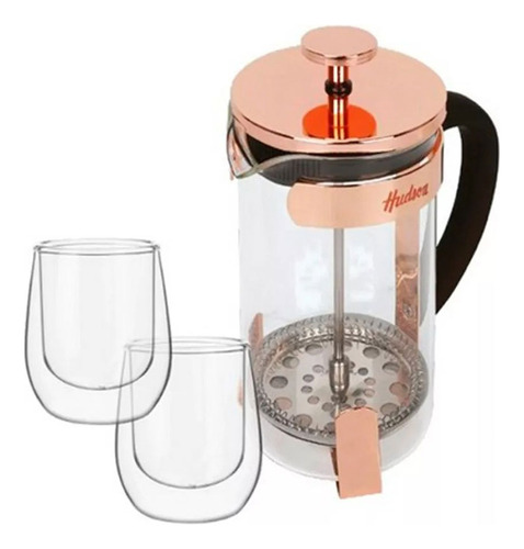 Set Cafetera Hudson Embolo Gold Rose + 2 Taza Vidrio 600ml