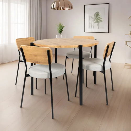 Comedor Redondo Con 4 Sillas Mdf/metal Moderno Minimalista Natural Liso