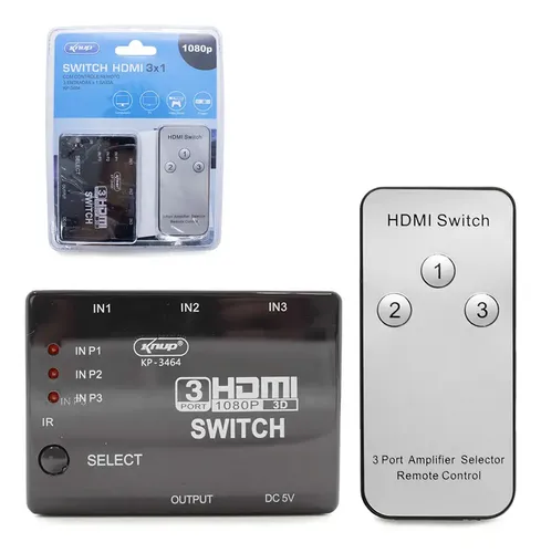 SWITCH HDMI 3 ENTRADAS 1 SAIDA 1080P C/CONTROLE REMOTO KNUP KP-3464