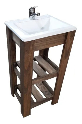 Mueble para baño DF Hogar Campo pie + bacha + grifería de 40cm de ancho, 80cm de alto y 33cm de profundidad, con bacha color blanco y mueble nogal oscuro con un agujero para grifería