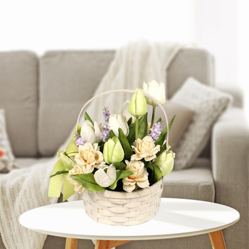 Tulipanes Artificiales En Maceta Con Cesta De Verde Claro