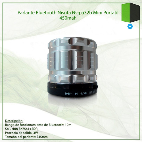 Parlante Bluetooth Nisuta Ns-pa32b Mini Portatil 450mah