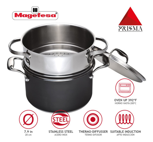 Olla De Vapor 20 Cm Acero Inoxidable Apta Para Inducción
