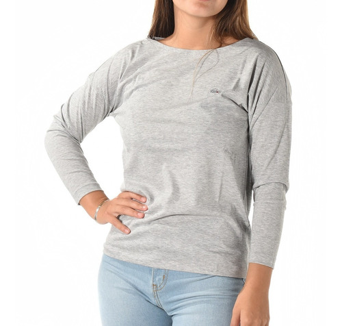 Remera Mujer Lacoste T Shirt Escote Bote Manga 3/4 Gris Pre