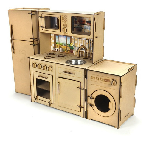 Cocina De Madera Con Heladera Y Lavarropas Infantil Cocinita Color Marrón
