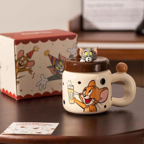 Taza D/ceramica Tom Jerry C/tapa Ceramica C/soporte Celular Marrón Tapa Tom