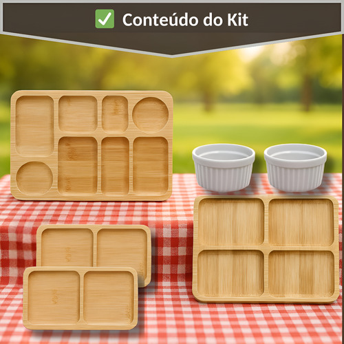 Petisqueira Tabua Ramekin Bambu Frios Churrasco Petisco Kit