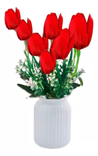7 Tulipanes Flor Artificial Con Follaje Ramo Decorativo