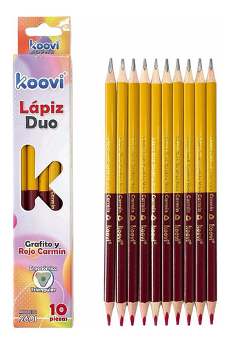 Lapiz Duo Triangular Koovi Carmín-grafito 10 Piezas Original
