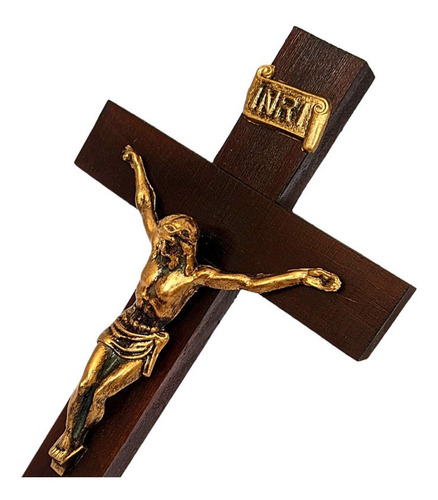 Imagem Crucifixo De Mesa Cruz Com Base Em Pé Madeira 24,5cm Cor Marrom-escuro