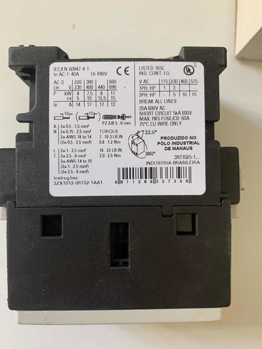 Contactor Tripolar 17 Amp 3rt1025-1ag20 110v Siemens