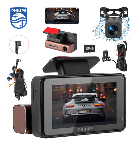 Philips 4k Cámara Para Auto, Dual Dash Cam Con Wifi, Cámara Frontal 4k Y Cámara Trasera 2k Grabadora De Conducción De Doble Canal, Pantalla De 3 , Con Tarjeta De 32 Gb