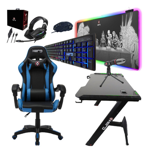 Setup Silla Gamer Escritorio Led Mousepad Rgb Teclado Mouse Color Negro/azul