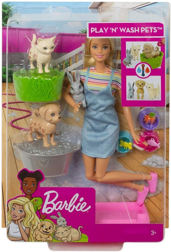 Barbie Baño De Perritos Muñeca + 3 Mascotas + Accesorios