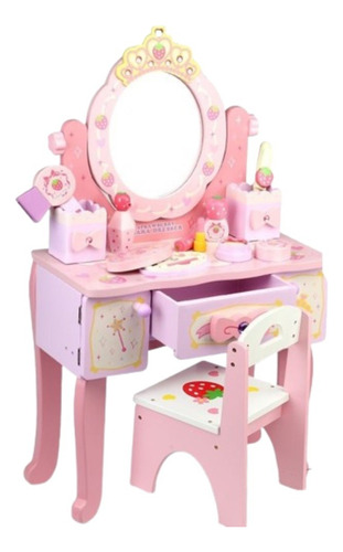 Tocador Princesa Frutilla Con Silla Y Set De Belleza