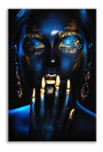 Cuadro Africana Mujer Moderno Dorado Azul Oro Joyería 75 Cm