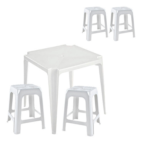 Kit Mesa Quadrada Monobloco + 4 Banquetas Plástica Branca Cor Branco