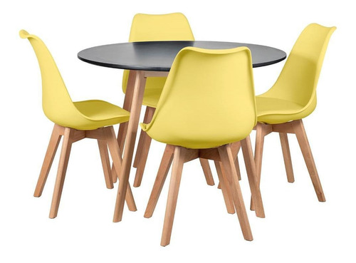 Mesa De Jantar 100 Cm Com 4 Cadeiras Leda Cor Mesa preto com cadeiras amarelo