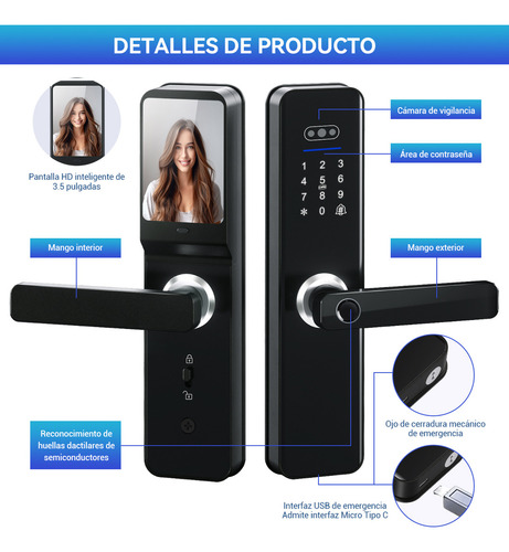 Cerradura Electrónica Digital Inteligente Wifi Tuya App Con Cámara Espesor De La Puerta Recomendado 40-65mm Derecha/lzquierda