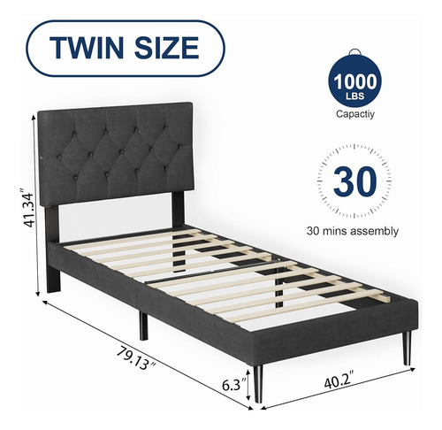 Base De Cama Sismplly Individual Tapizada Color Gris Oscuro