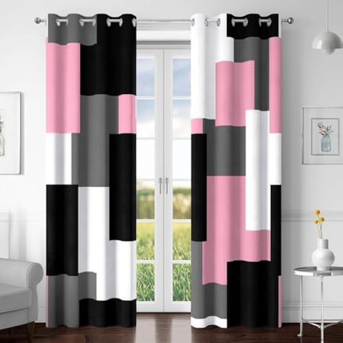 Cortinas Largas Blackout Con Diseño Cuadros Rosa 132x213 Cm