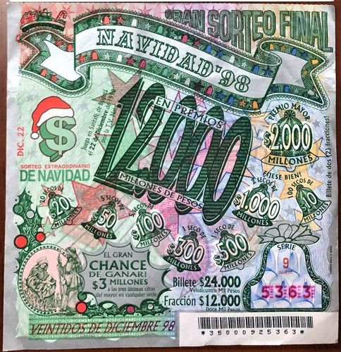 Lotería Sorteo Extraordinario De Navidad Y Cartagenera 1998