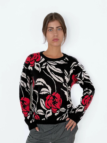 Sweater Flores En Tres Colores, Tejido En Punto Jacquard 