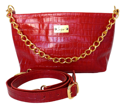 Imagen 3 de 4 de Cartera De Cuero Mediana Con Cadena En Metal Dorado