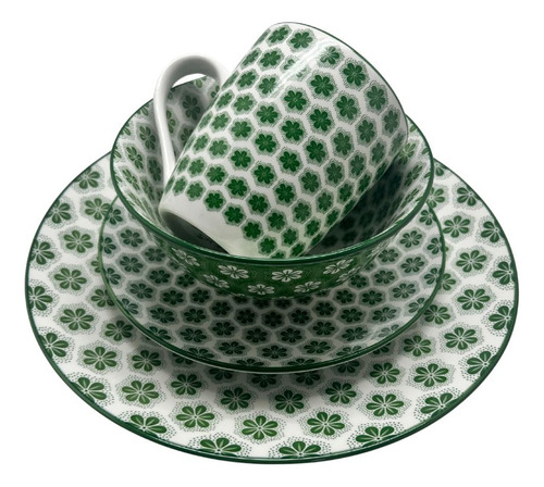 Vajilla 16 Piezas Cerámica Elegante Royal Haus Resistente Color Verde Flor