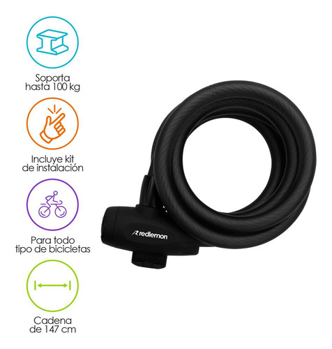 & Candado For Bicicleta 1.47m Contra Agua 2 Llaves Redlemon