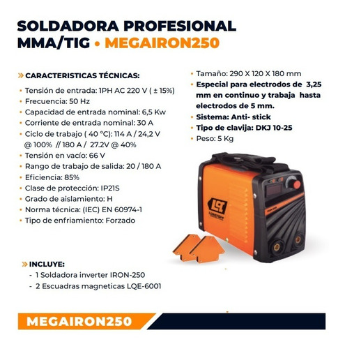 Soldadora Lusqtoff Iron 250 Inverter + Escuadras + Prensa