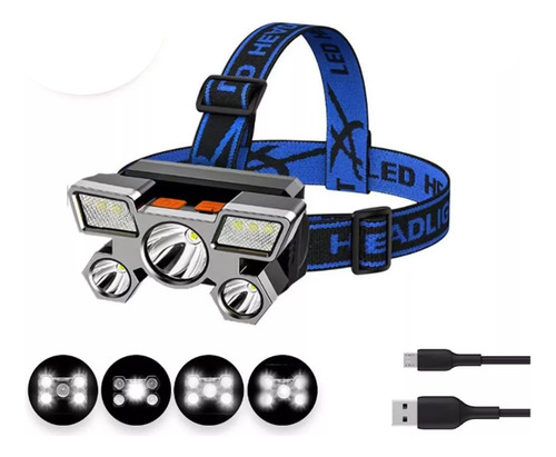 Linterna Luz Minera Vincha Led Recargable Azul Blanco