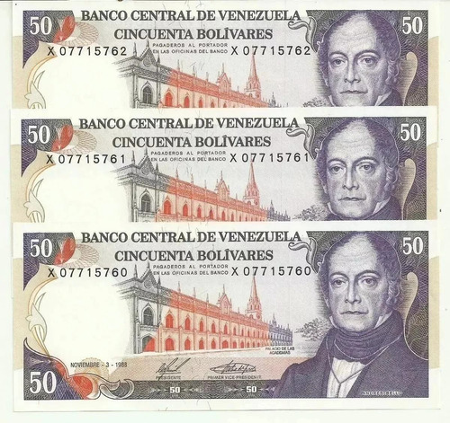 Pack 3 Billetes 50 Bolivares 1988 Prefijo X Dificil