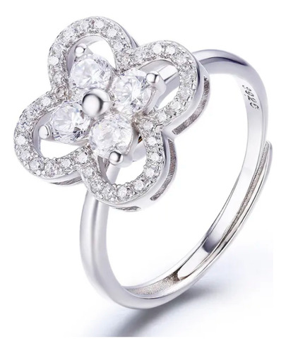 Anillo Ajustable Flor Grande Con Diamantes Mujer Plata 925