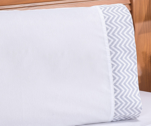 Jogo De Lençol Solteiro 2 Peças Estampado 100% Algodão Cor Branco Com Cinza Desenho Do Tecido Chevron