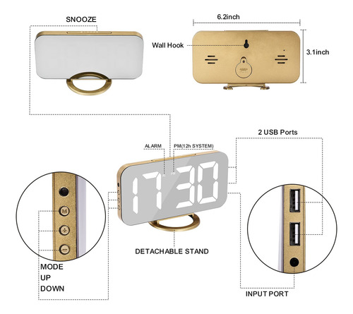Despertador Led Espejo Grande Usb Dorado Modelo Digital Dorado