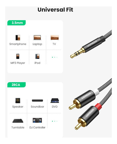 Cable de audio estéreo Ugreen Rca HiFi 2rca a P2 de 3,5 mm y 2 metros