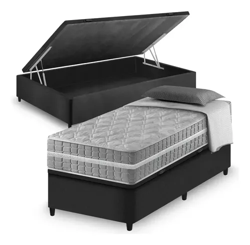 Cama Box Com Baú Preta Solteiro King + Colchão Alabama 96cm Preto