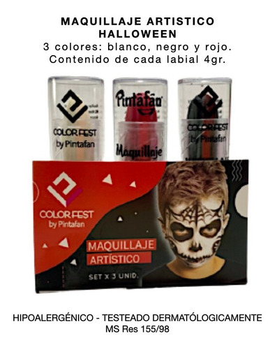 Imagen 2 de 10 de Kit Maquillaje Halloween Labial X 3 Negro Blanco Rojo Cara