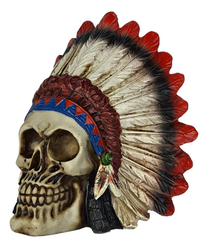 Crânio Com Cocar Índio Caveira Esqueleto Resina Decorativo