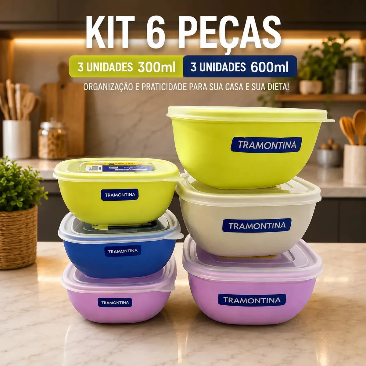 Kit Com 6 Peças 300ml E 600ml Jogo De Potes Tramontina Mixcolor Com Tampa Bpa Free Organizador De Alimentos Pote Plástico Para Cozinha Geladeira Freezer Marmita Porta Mantimentos Empilhável