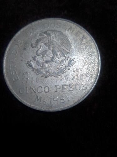 Moneda En Plata De 5 Pesos Mexicanos De 1951