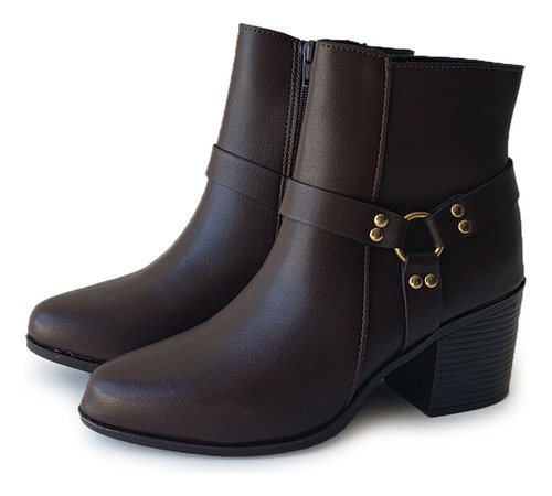Botines Mujer Café Tacón Grueso Hebilla Elegante Casual