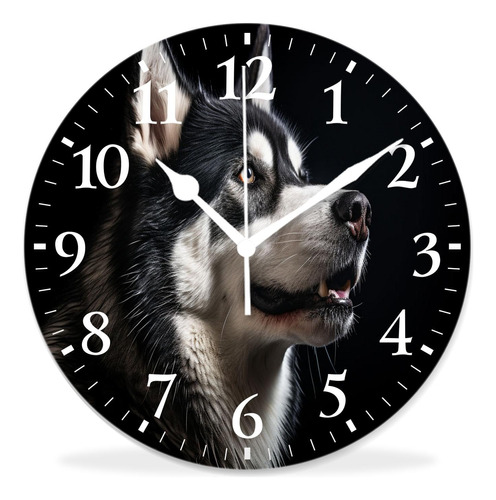 Reloj Pared Redondo 12  Perro Husky Que Mira Fuente Luz Arte