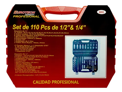 Juego 110 Tubos Dados Puntas Llaves Cricket Y Accesorios - Encastre 1/4 Y 1/2 - Calidad Profesional | Eurotech