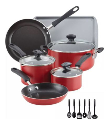 Batería De Cocina Farberware Antiadherente Aluminio 15 Pzas Roja