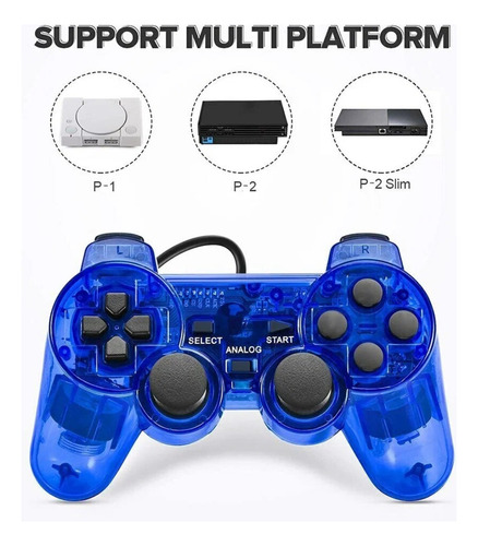 Kit 2 Controle Com Fio Compatível Com Ps1 Ps2 Plug And Play Azul