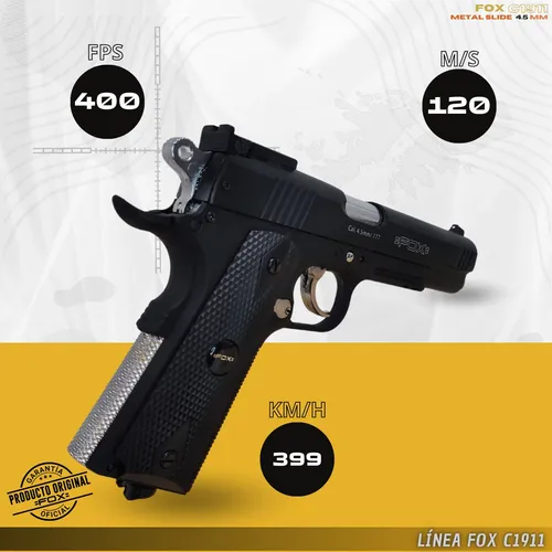 Pistola Fox Metal Slide Combat Colt 1911 Balines Funda 3c.